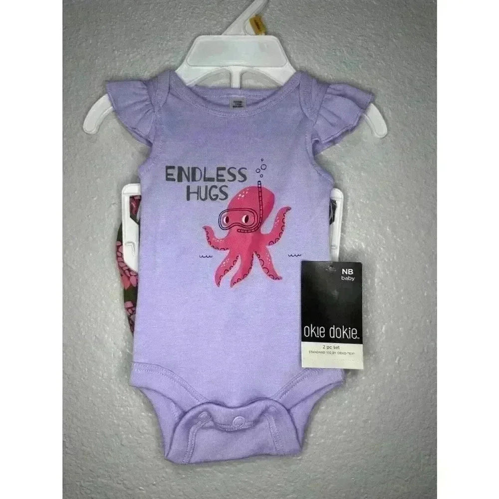 NWT, Okie Dokie Newborn Baby Girl 2 Piece Endless Hugs Octopus Outfit
